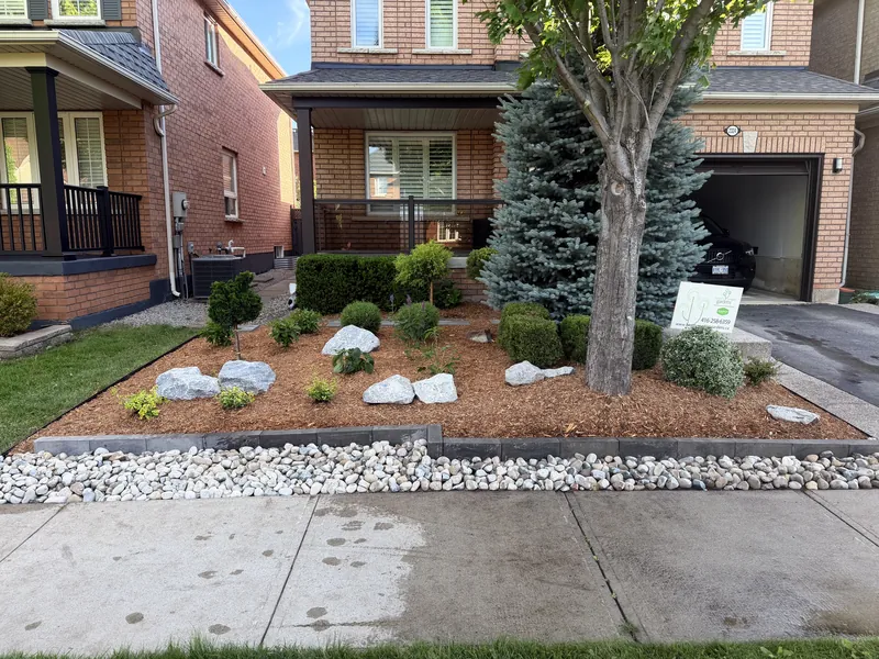 Front garden bed with a blue spruce, boulders, low shrubs and a river-rock border against fresh lawn.